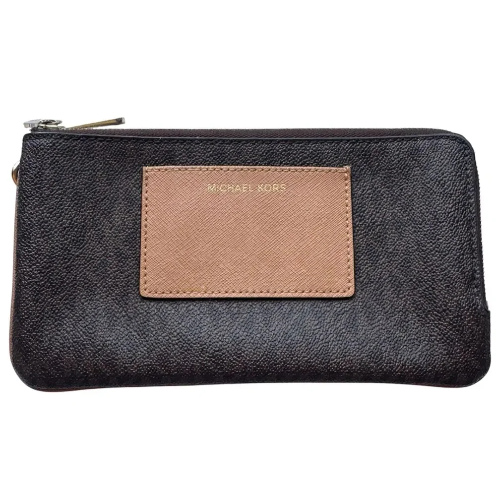 Michael Kors Bedford Double Zip Clutch Dark Brown Logo Signature Monogram
